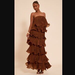 Pretty Little Thing - Chocolate Brown Ruffle Tiered Dress, Strapless - Size 2